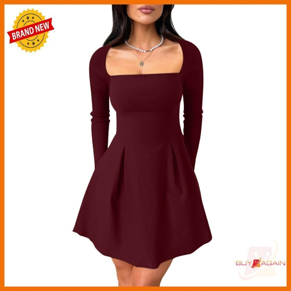 Long Sleeve Square Neck A-Line Mini Dress Adjustable Straps Back Bow